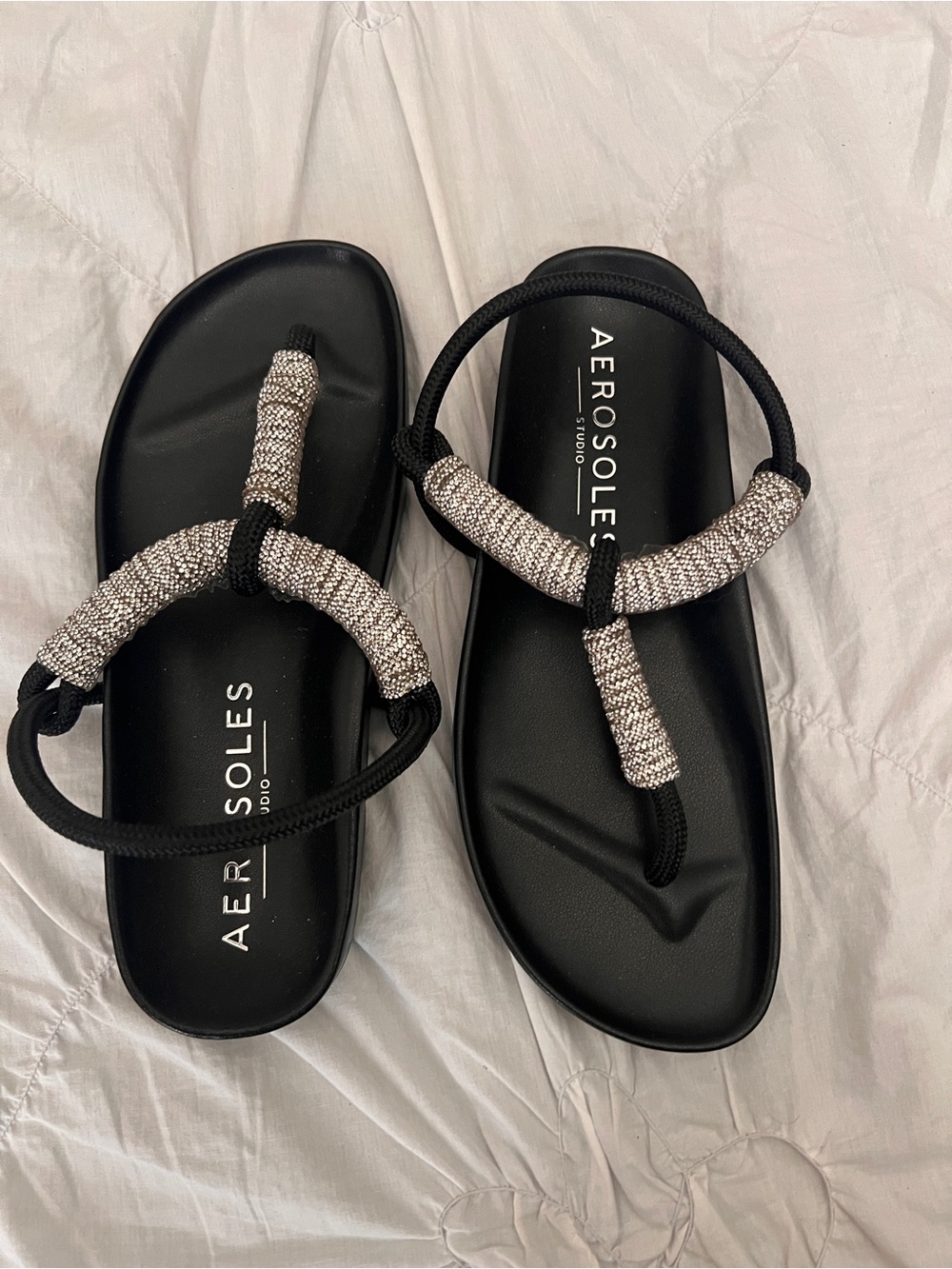 AEROSOLES Black Sandals with Sparkling Rope Accents